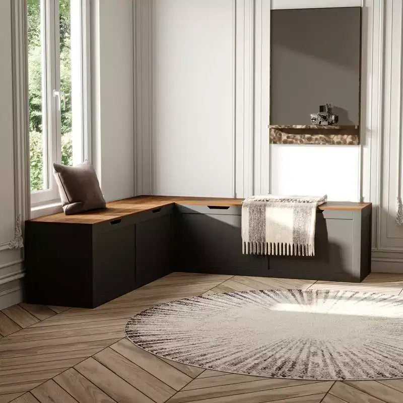 L-Shaped Corner Storage Bench with Lift-Up Lid – White & Oak Finish