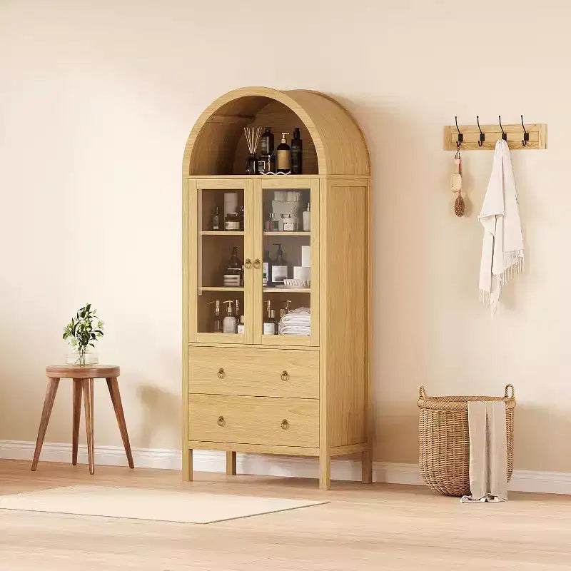 71 Display Arched Storage Cabinet with Tempered Glass Doors, 2 Drawers and Adjustable Shelves, Natural
