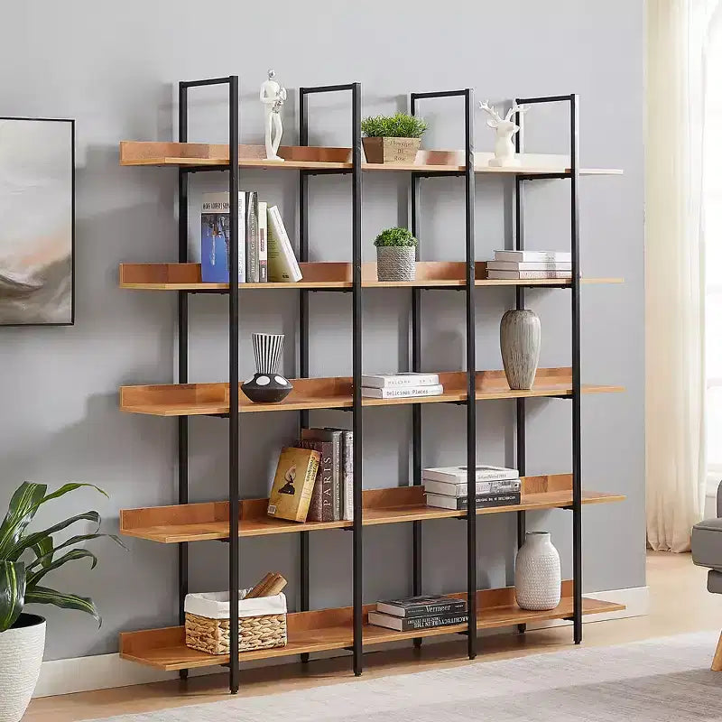 Betty Industrial 5-Tier Wood Bookcase with Open Shelves and Metal Frame