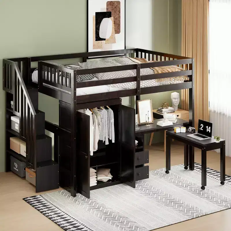 Full Size Loft Bed Frame with Stairs, Bookshelf, Drawers, Desk & Wardrobe, Space-Saving Multifunctional Furniture for Kids & Teens