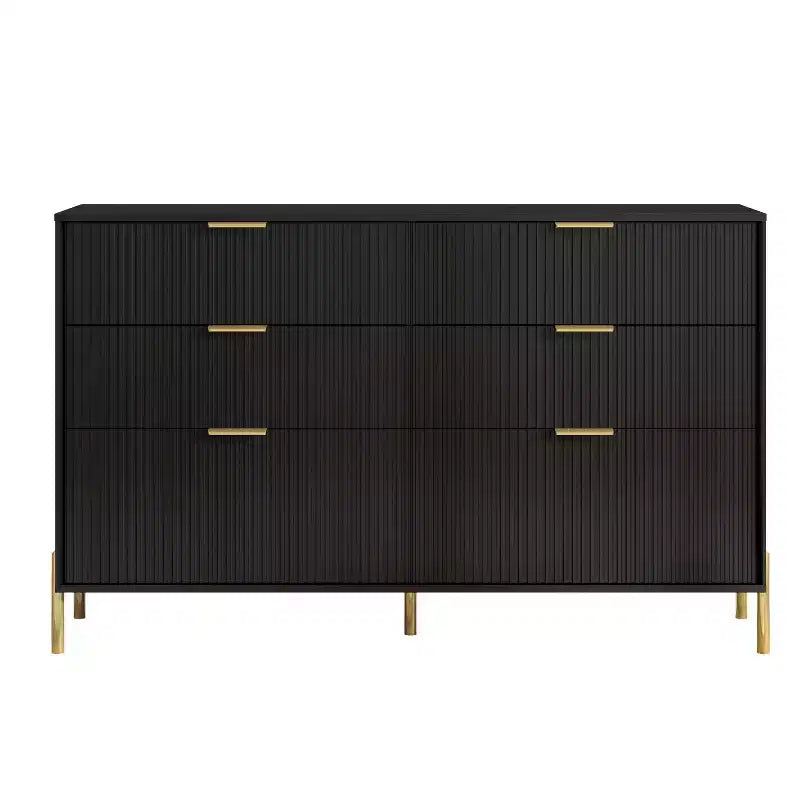 6 Drawer Dresser with Gold Legs Modern Ribbed Design for Bedroom