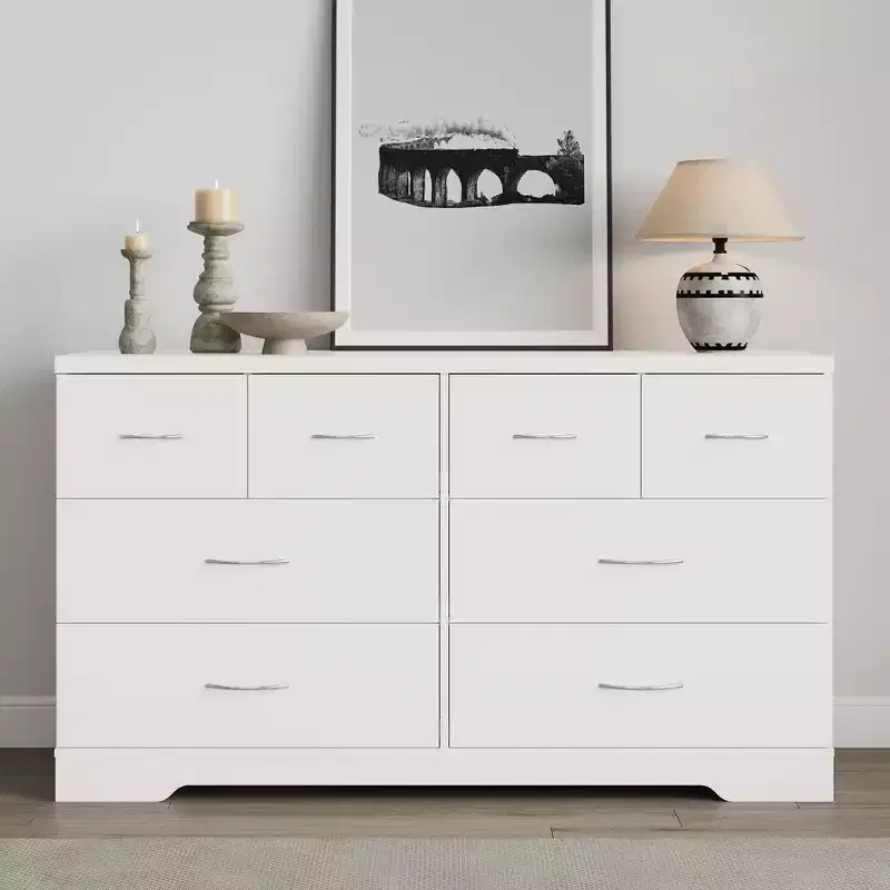 Heynemo Large 8 Drawer Dresser for Bedroom, 55 Wide Modern Chest of Drawers, Dresser TV Stand with Metal Handle, Wood Drawer Organizer, White