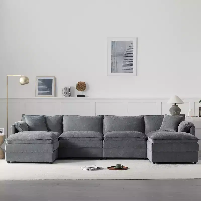 Polibi 6-Piece Chenille U-Shaped Modular Sectional Sofa with Dual Ottomans and Double-Layer Cushions