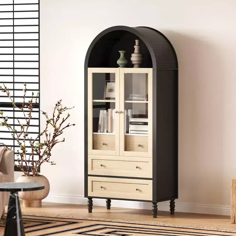 70 Tall Arched Storage Cabinet with Adjustable Shelves, Modern LED Lighted Wooden Pantry Cabinet with Tempered Glass Doors & 3 Drawers