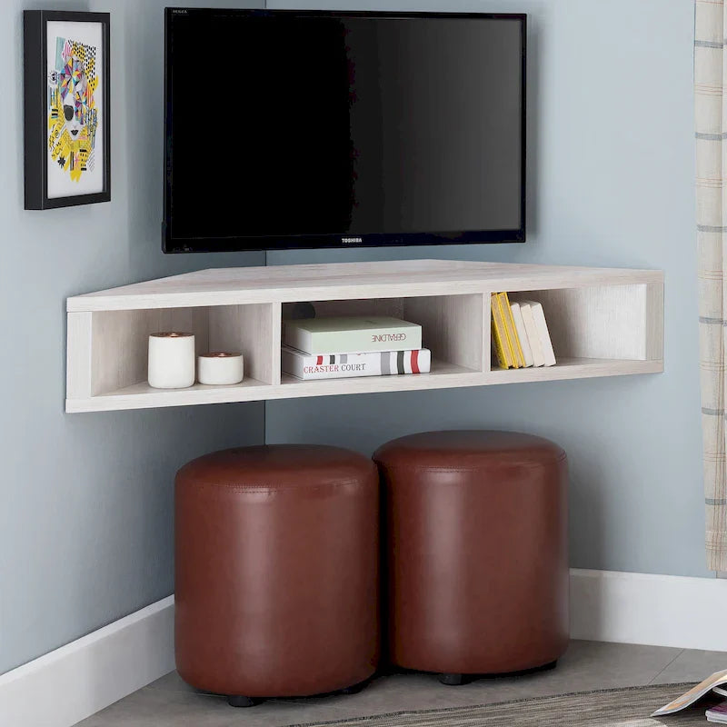 47 Corner Floating TV Stand, 3 Shelves, Transitional Style, Space-Saving Wall Mount