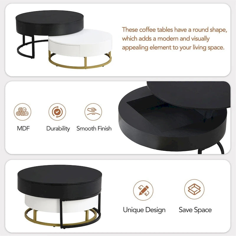 Modern Round Lift-Top Nesting Coffee Tables with Storage Drawers