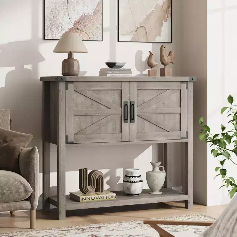 Farmhouse Console Table with 2 Storage Cabinets - Wooden Sofa Table, Coffee Bar & Buffet Sideboard for Entryway, Kitchen & Living Room