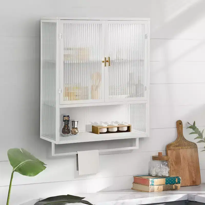 Okak Modern 2-door Wall Cabinet with Featuring 2-tier Storage & Open Shelf, Towel Rack for Entryway/Dining Room/Living Room/Kitchen