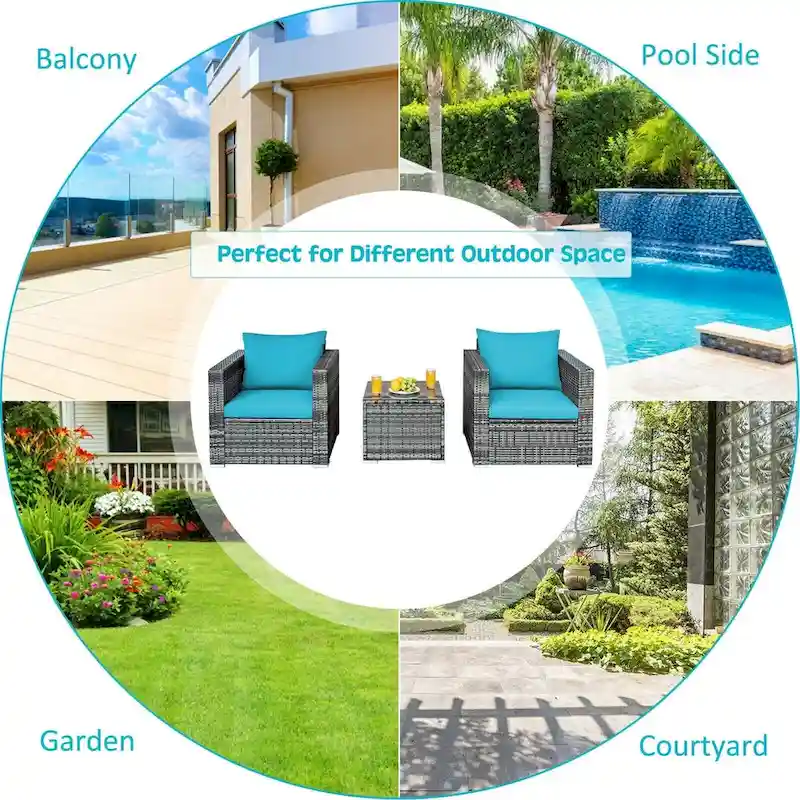 3 Pieces Patio Rattan Furniture Bistro Sofa Set with Cushioned - 28.5 (L) x 27.5 (W) x 27 (H)