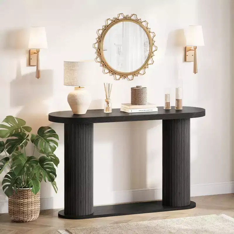 Oval Fluted Entryway Console Table, Modern Narrow Sofa Table Behind Couch with Storage Shelf, Wood Accent Hallway Table for Living Room