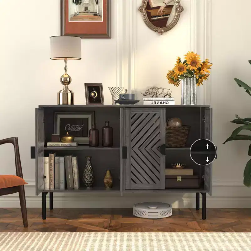 Sideboard Storage Cabinet with 4 Hollow Doors, Modern Accent Buffet Cabinet with Adjustable Shelves & Metal Handle, Credenza for Living Room Navy Blue