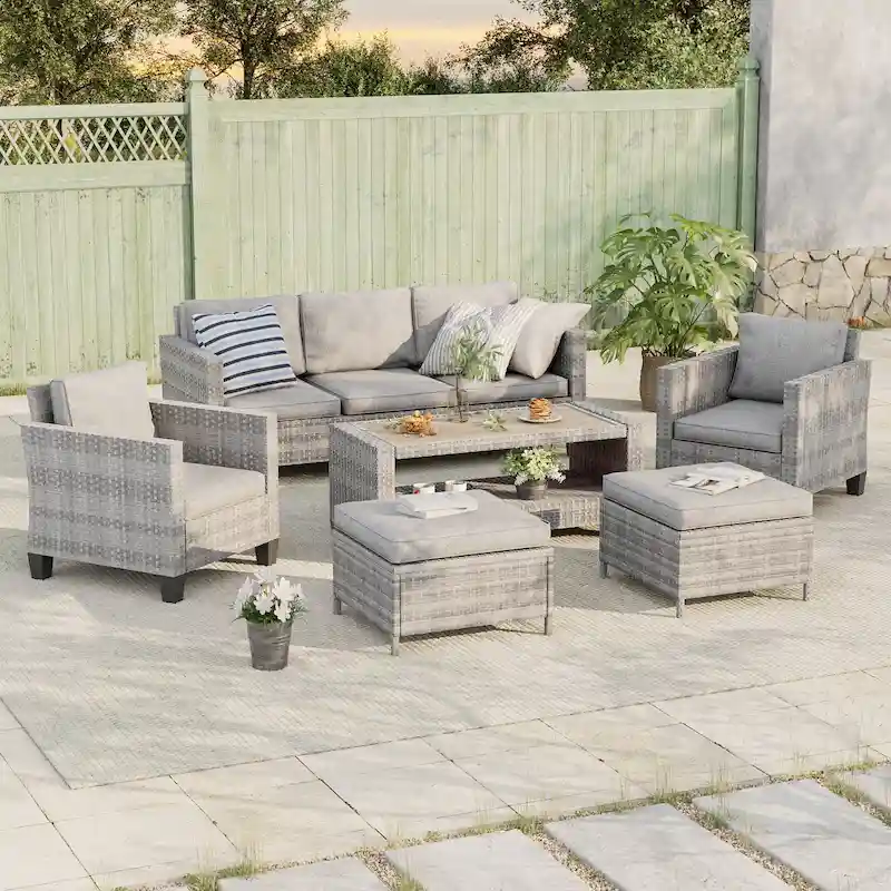 BONOSUKI 6Pcs Patio Sofa Coversation Set Grey Rattan w/Ottomans/Table