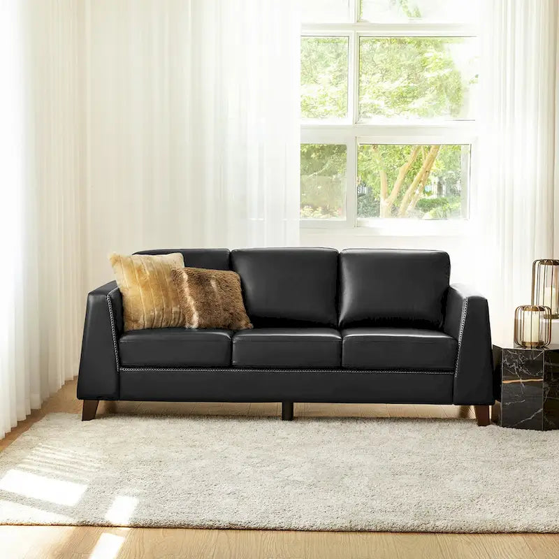 81.5 Inch Genuine Leather Tuxedo Arm Sofa with Solid Wood Legs