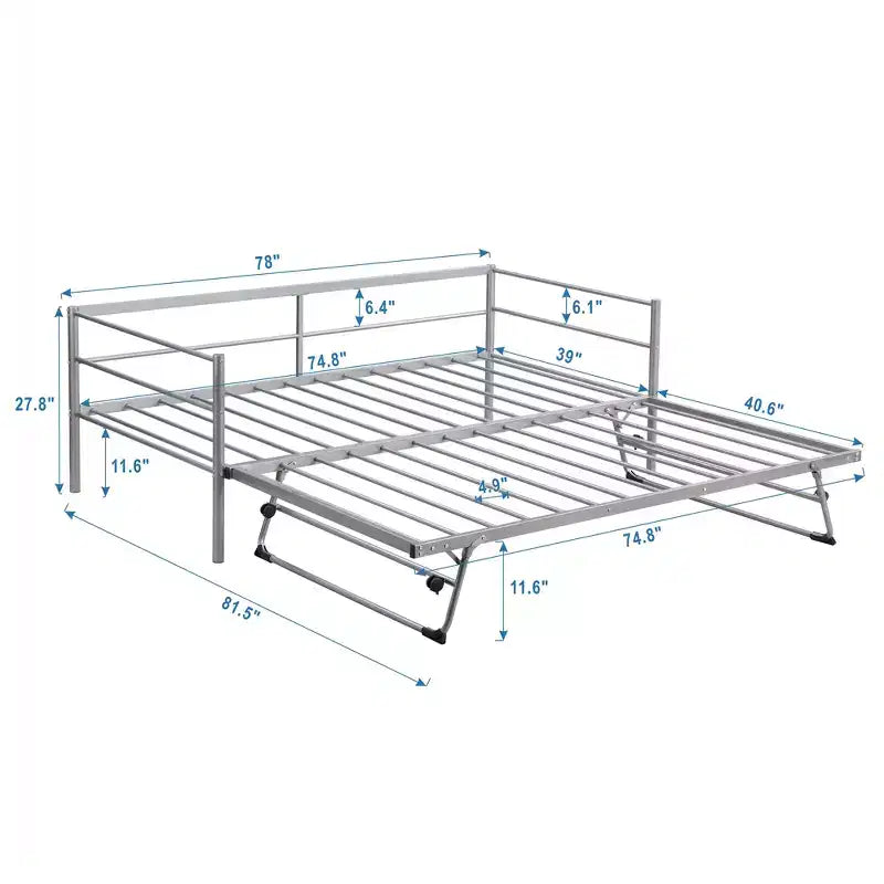Bellemave Silver Twin Daybed Metal Day Bed Frame with Pop Up Trundle, Metal Sofa Bed with Adjustable Folding Trundle for Bedroom, Living RoomWhite