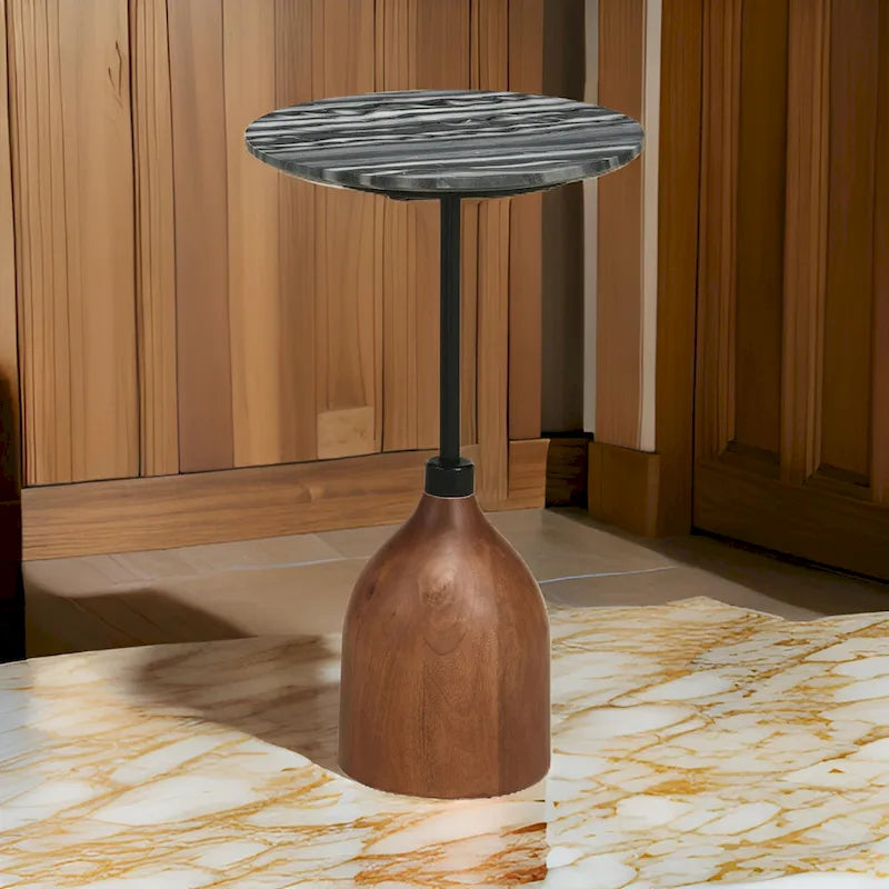 Side End Drink Table with Round Marble Top and Pedestal Base