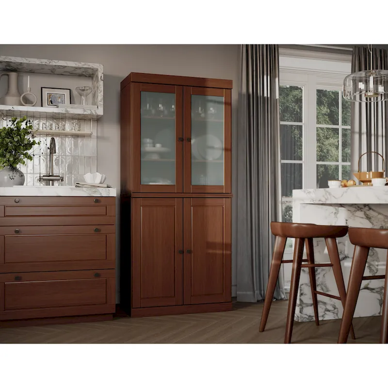 100% Solid Wood Pantry Cabinet with Frosted Glass Doors, Solid Doors, 2-Drawers and Adjustable Shelves
