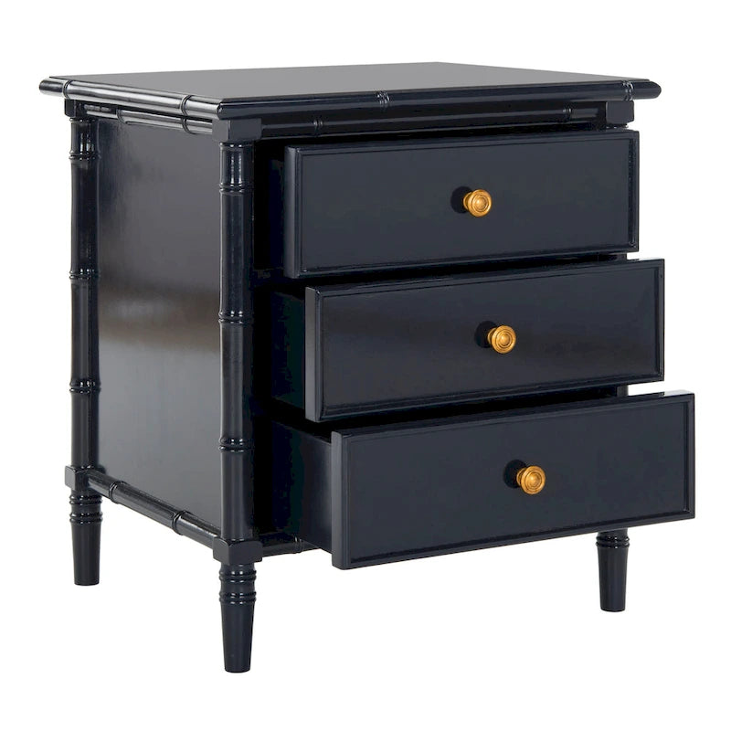 Modern Coastal 3-Drawer Nightstand with Bamboo-Style Frame & Gold Pulls