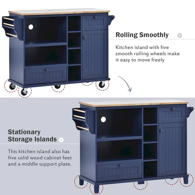 Rolling Kitchen Island Cart with Open Shelves Drawers Cabinet and Microwave Space