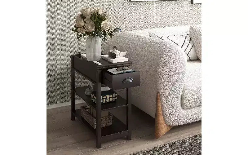 TUYOHW Retro Narrow Side Table with 180 Open Storage Cabinet, Bedroom Nightstand with Bottom Shelf, Sturdy MDF End Table for Living Room