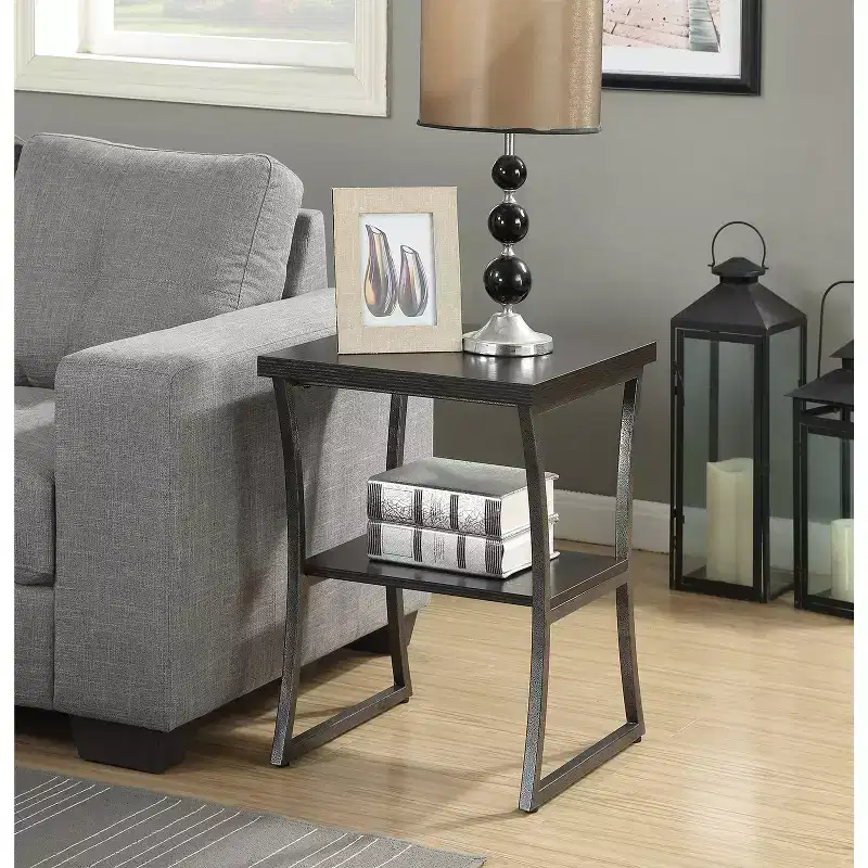 Three-Tier End Table with Open Shelves, Cross Frame Design, Espresso/Slate Gray