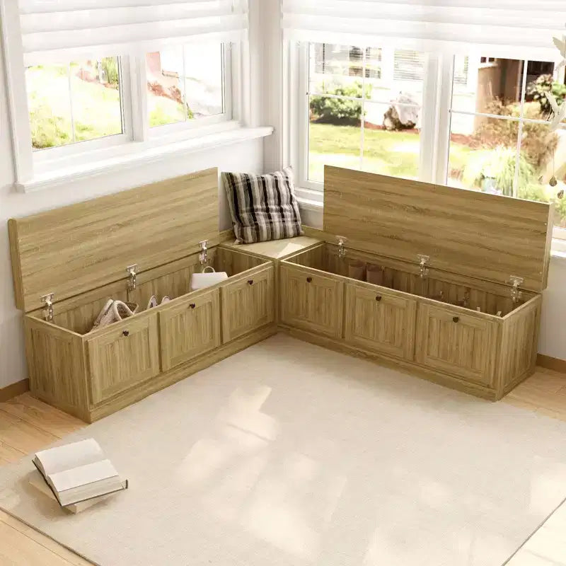 Famapy Oak-Effect Corner Storage Bench Shoe Bench  Flip-Top & Cabinet Organizer