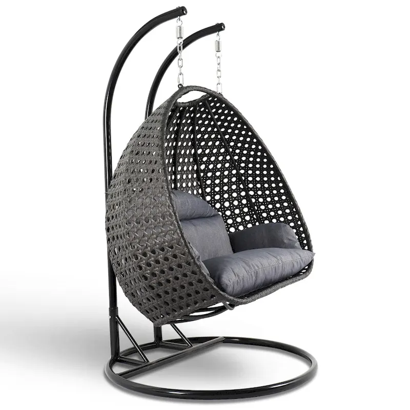 LeisureMod 2 Person Hanging Egg Chair with Stand - Outdoor/Indoor Rattan Wicker Patio Swing Hammock Lounger with Cushions