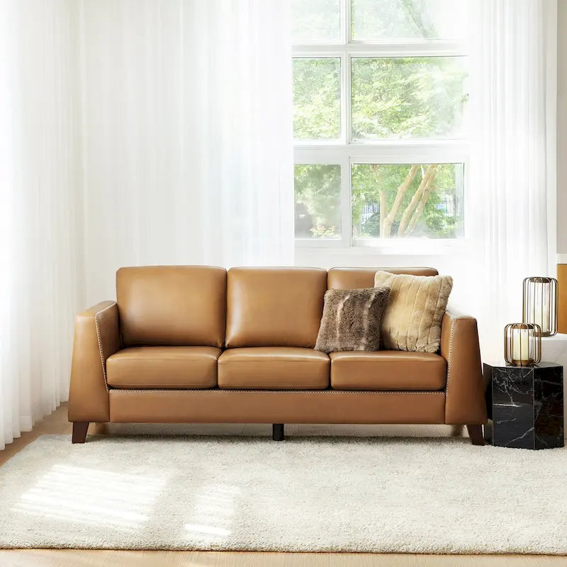 81.5 Inch Genuine Leather Tuxedo Arm Sofa with Solid Wood Legs