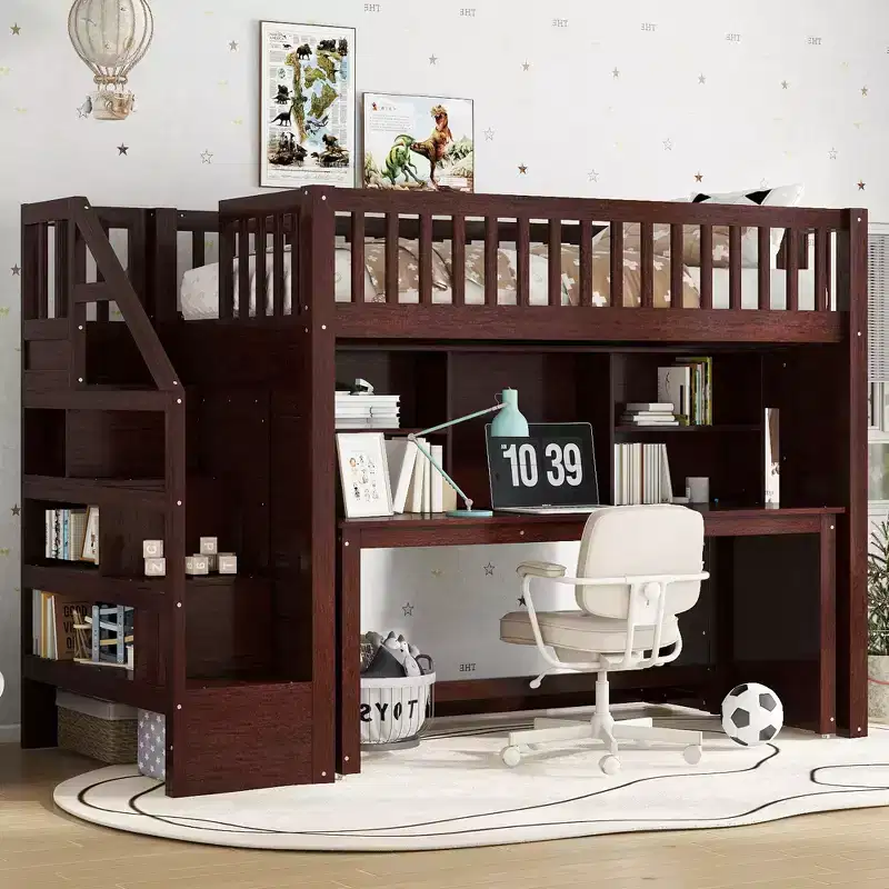 Twin Loft Bed with Movable Desk, Storage Stairs & Shelf – No Box Spring Required