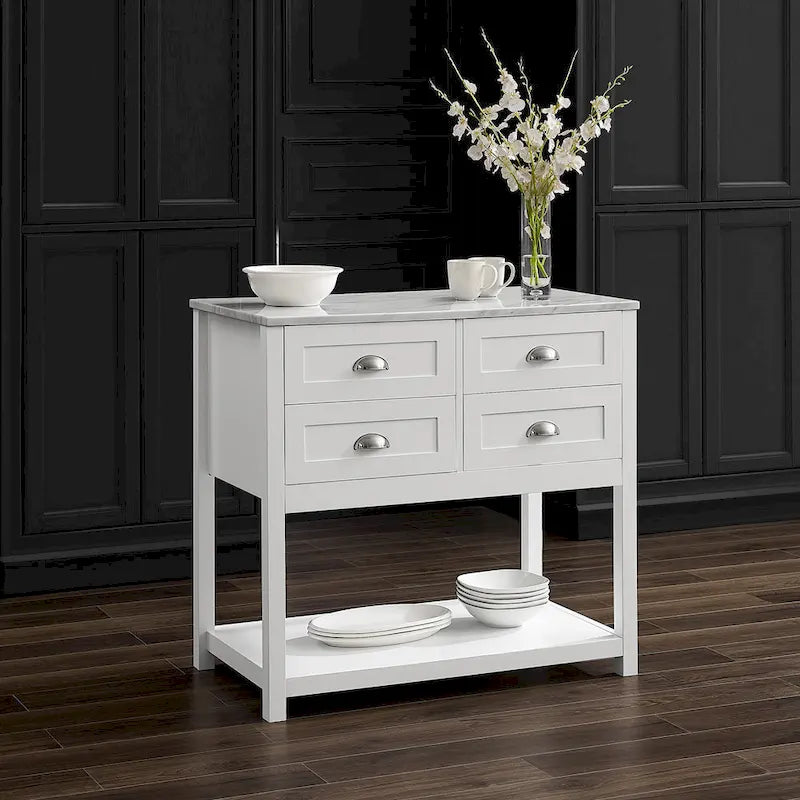 Modern Farmhouse Kitchen Island Cart with 4 Drawers Faux Marble Top and Casters