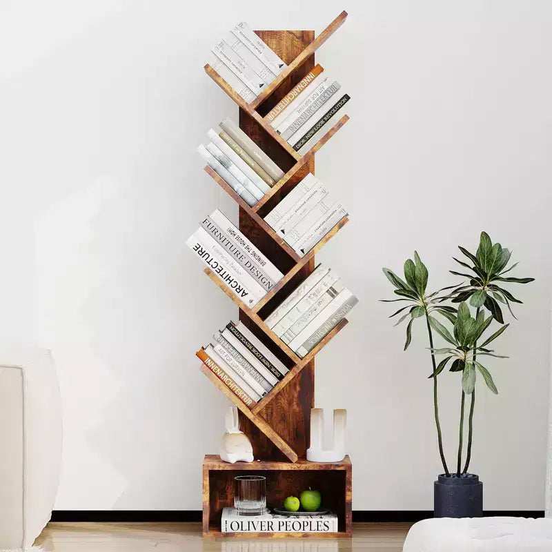 8-Tier Tree-Shaped Bookshelf Rustic-Style Open Shelving Unit Ideal for Living Rooms, Bedrooms, and Offices