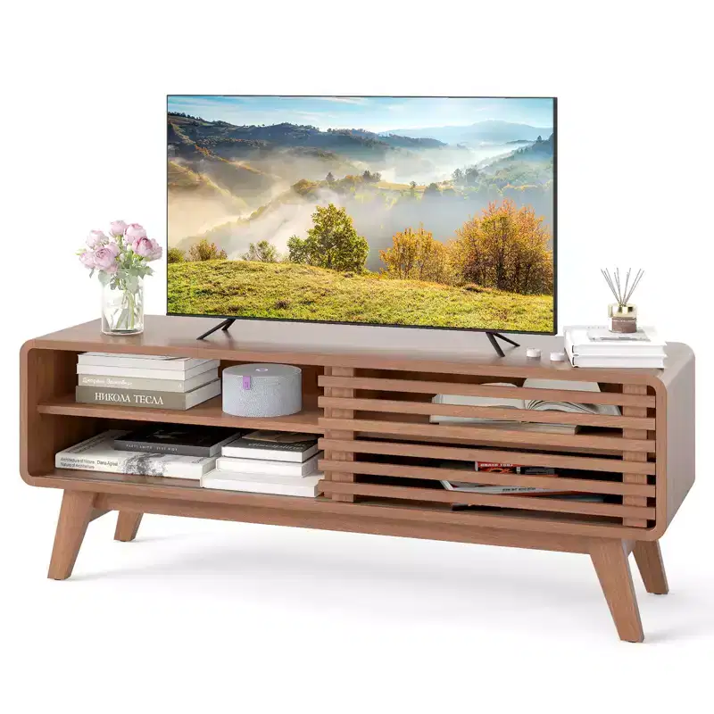 Costway TV Stand w/Sliding Door Adjustable Shelves & Rubber Wood Legs for TVs up to 55''