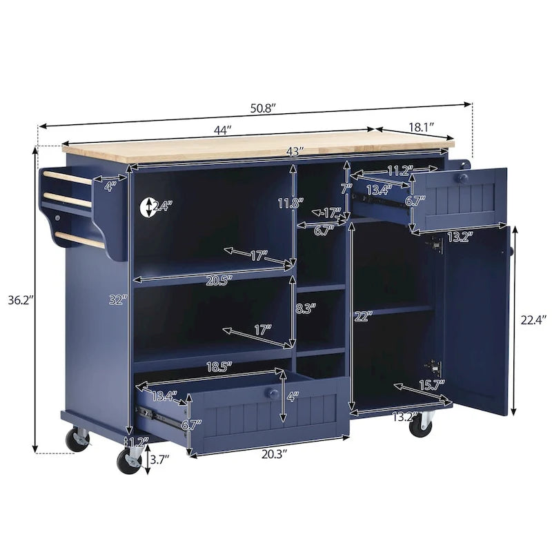 Rolling Kitchen Island Cart with Open Shelves Drawers Cabinet and Microwave Space