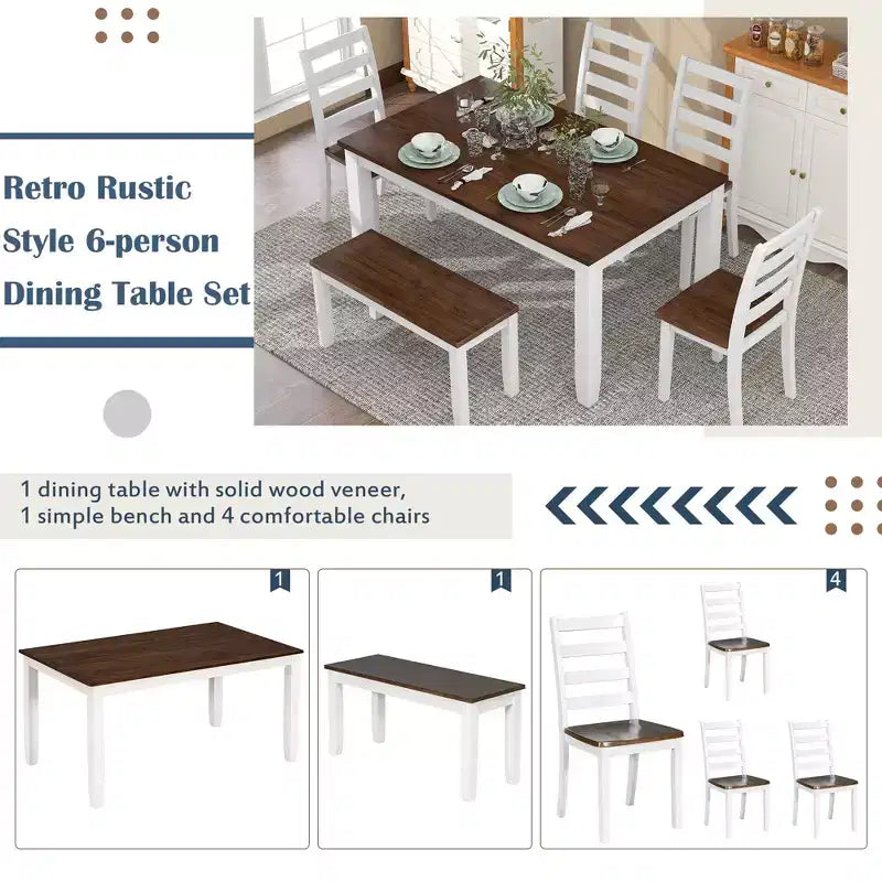 6 PCS Rustic Wood Dining Table Set, Rectangular Table with 4 Chairs & Bench-ModernLuxe