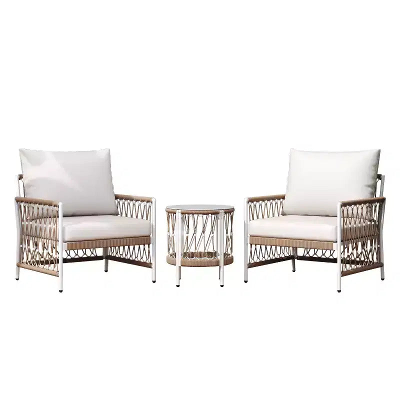 3-Piece Bohemian Outdoor Furniture Set with 2 Swivel Chairs and Glass Top Table, for Garden or Poolside