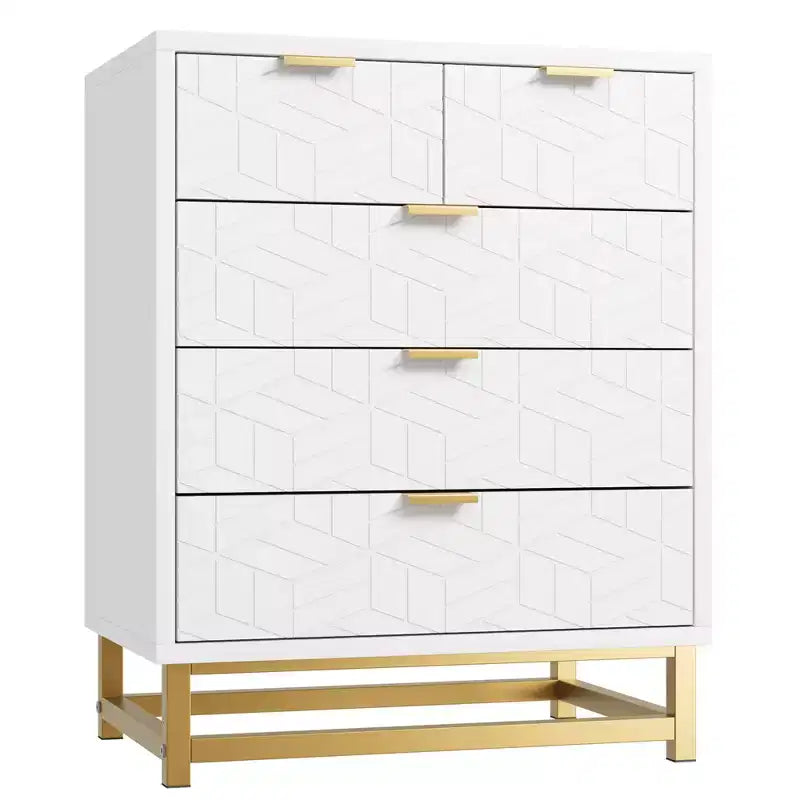 White Dresser with 5 Drawers, Tall Chest of Drawers, 5 Drawer Dresser with Deep Space, Wood Storage Cabinet for Living Room, Hallway, Office