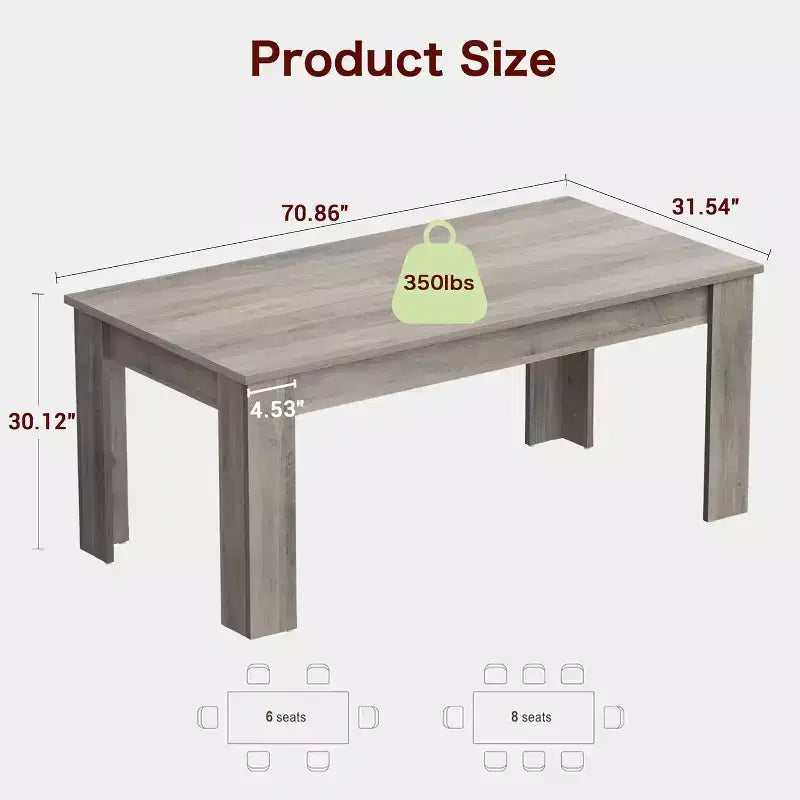 70 Inch Rustic Gray Farmhouse Dining Table for 6-8, Heavy Duty Rectangular Table with Thick Top and Strong Legs, Large Kitchen Table for Dining Room