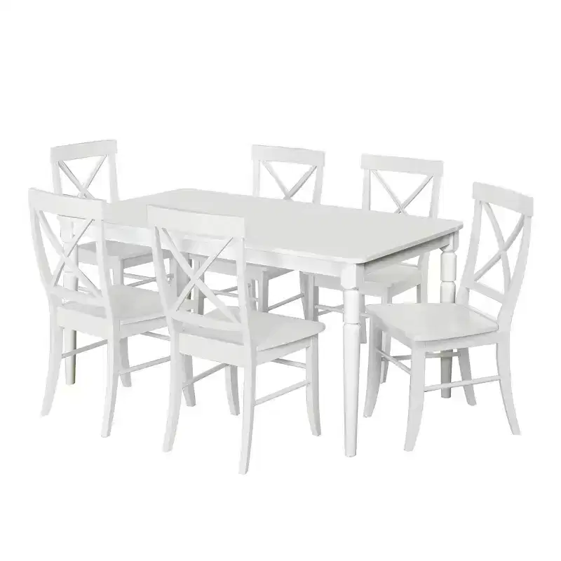Buylateral 7pc Albury Cross Back Dining Set White: Modern Rectangle Table, 6 Wood Chairs