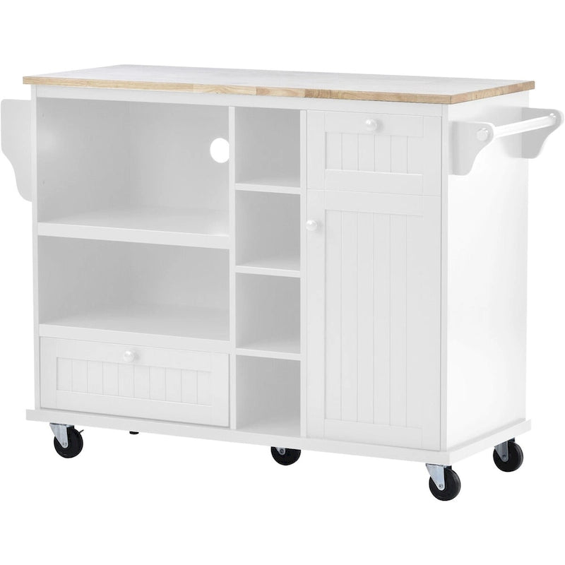 Rolling Kitchen Island Cart with Open Shelves Drawers Cabinet and Microwave Space