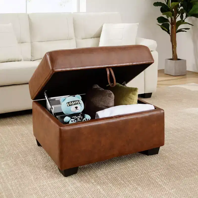 Square Faux Leather Ottoman with Storage, Footrest Stool Coffee Table for Living Room