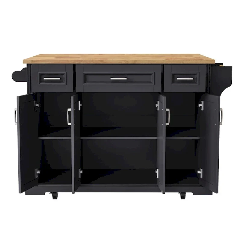 54  Large Kitchen Island with Rubber Wood Drop Leaf, Embossed Texture Rolling Kitchen Cart on 4 Wheels with 4 Doors & 3 Drawers