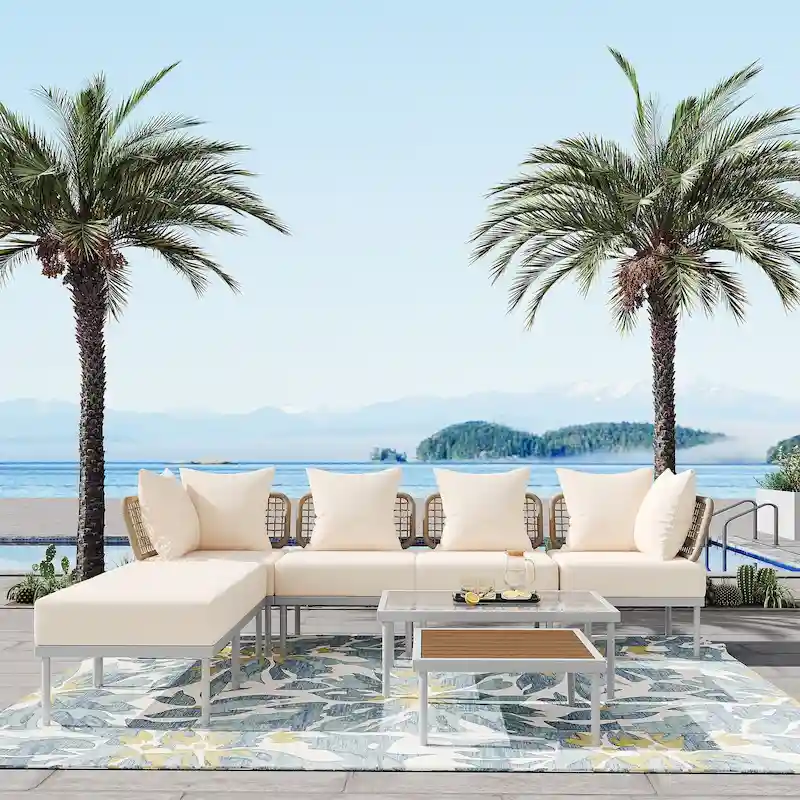 8-Piece Patio Sectional Sofa Set with Tempered Glass Coffee Table and Wooden Coffee Table