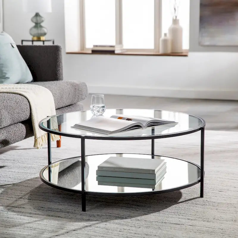 Glass Round Coffee Table 14H x 36W x 36D Two-Tier Metal Frame
