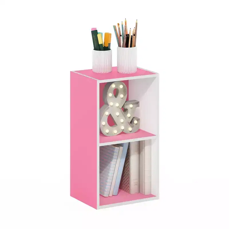 2 Tier Open Decorative Bookshelf Night Stand End Table Sofa Side Storage Display Bookcase, Pink/White