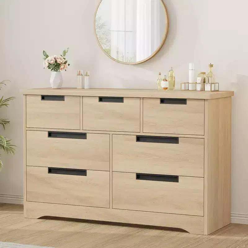 Natural Wood 7-Drawer Dresser with Embedded Handles, Single User