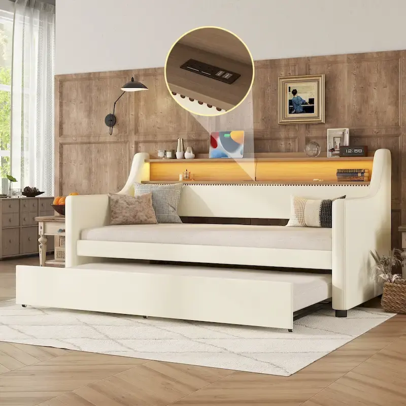 Twin Size Upholstered Daybed with Trundle and LED