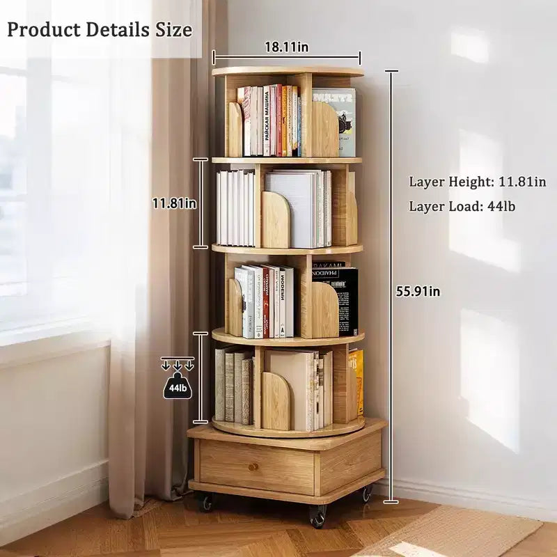 5-Tier 360�� Rotating Bookshelf Tower, Natural Wood