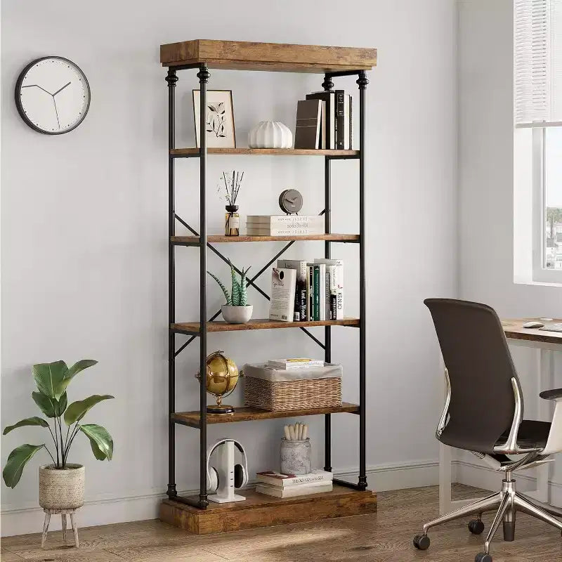 6 Tier Wooden Industrial Bookshelf,Open Shelf with Metal Frame,Large Grey Display Shelf for Bedroom,Living Room,Office
