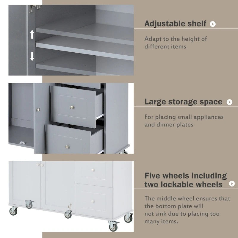 Rolling Kitchen Island with Drop Leaf Breakfast Bar Solid Wood Top 3 Drawers and Spice Rack
