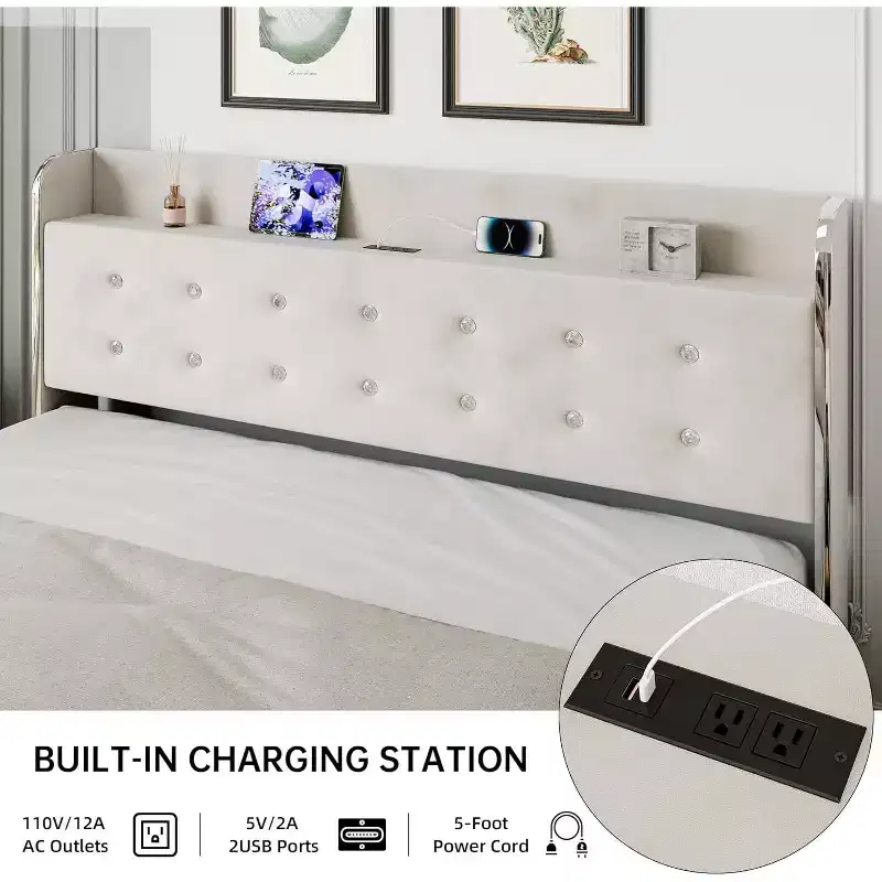 Bed Frame with 4 Storage Drawers, Velvet Upholstered Platform1000Lbs Support, BeigeFULL