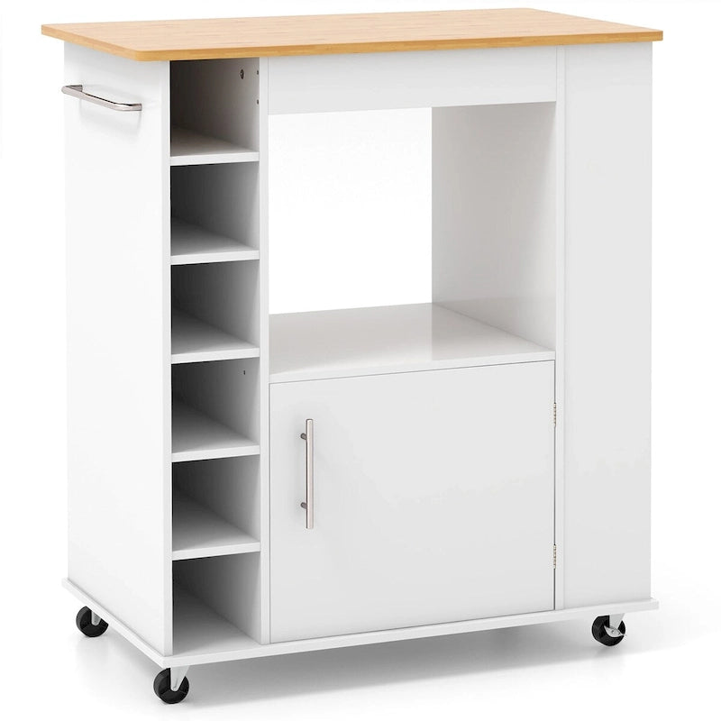 White Rolling Kitchen Cart with Wine Rack Cabinet and Bamboo Countertop